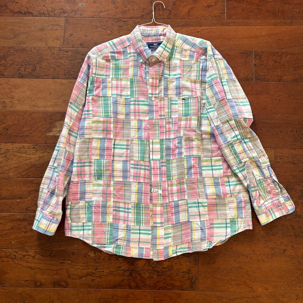 Vineyard Vines Shirt Mens XL Pink Blue Green Patchwork Plaid Tucker Button Up